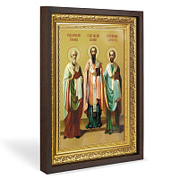 Икона Собора трёх святителей, в широком багете, цвет "темный дуб", на холсте, с золочением