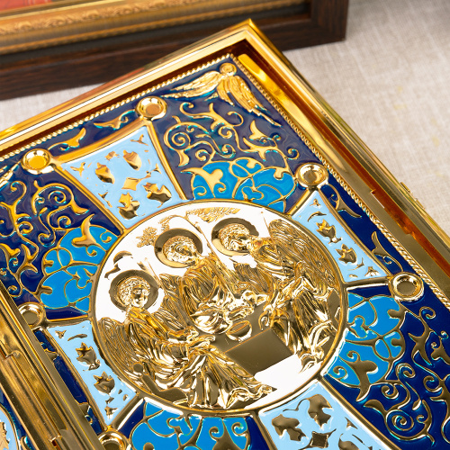 Оклад для Евангелия напрестольного, цинковый сплав, цвет "под золото", синяя эмаль, 16,5х6х24,5 см фото 6