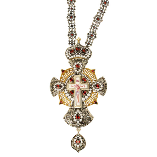 Крест наперсный серебряный, с цепью, позолота, красные и белые фианиты, высота 18 см фото 2