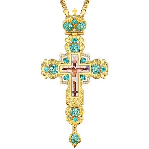 Крест наперсный из ювелирного сплава в позолоте с цепью, фианиты, 8,5х17 см фото 3
