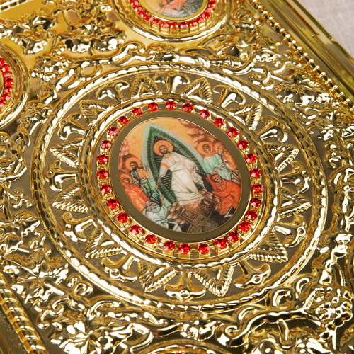 Оклад для Евангелия напрестольного, цинковый сплав, цвет "под золото", камни, 25х5х35 см фото 5