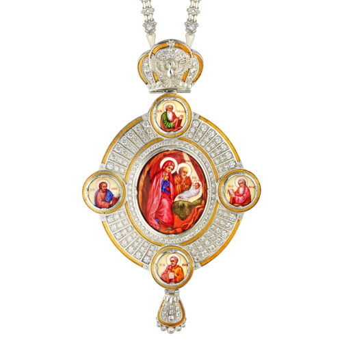 Панагия серебряная с финифтевым образом и цепью, фрагментарная позолота, фианиты, высота 18 см фото 2