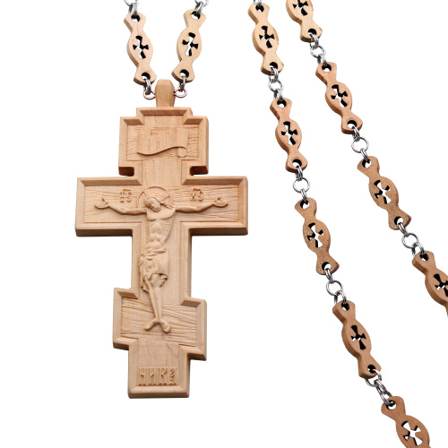 Крест наперсный деревянный светлый, резной, с цепью, 6,5х12 см