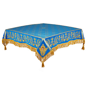 Пелена на престол голубая с золотой вышивкой, парча, 130х130 см (на престол 100х100 см)