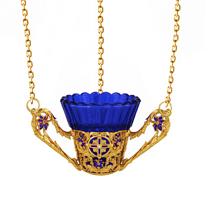 Лампада подвесная из ювелирного сплава в позолоте, с фианитами и эмалью (синий стаканчик)
