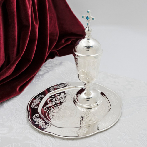 Елейница / чаша для елеопомазания из ювелирного сплава с тарелочкой, серебрение, фианиты фото 2