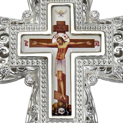 Крест наперсный из ювелирного сплава в серебрении с цепью, фианиты фото 4 Крест наперсный из ювелирного сплава в серебрении с цепью, фианиты фото 4