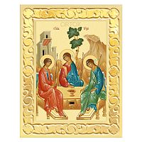 Икона Пресвятой Троицы в резной позолоченной рамке, поталь, ширина рамки 7 см