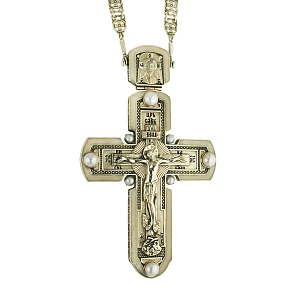 Крест наперсный серебряный, с цепью, жемчуг, высота 16 см (чернение)