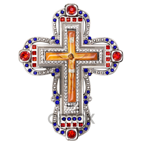 Крест требный латунный с красными, синими и белыми фианитами, 11х31 см фото 2