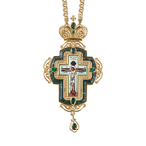 Крест наперсный из ювелирного сплава в позолоте с цепью, фианиты, 7,7х15 см (зеленые фианиты)
