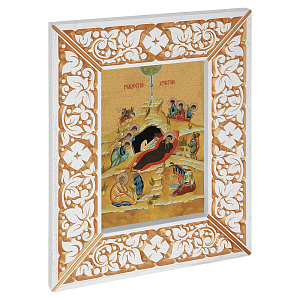 Икона Рождества Христова, в широкой резной раме, белая с золотом (патина), холст с золочением, ширина рамы 12 см (43х51,7 см (под икону А4))