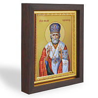 Икона святителя Николая Чудотворца, в узком багете, цвет "темный дуб", на холсте, с золочением