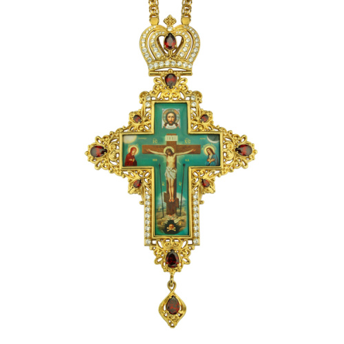 Крест наперсный серебряный с цепью, позолота, белые и голубые фианиты, высота 17,5 см фото 2