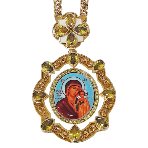 Панагия кабинетная из ювелирного сплава в позолоте с цепью, с эмалью и фианитами, высота 7 см фото 5