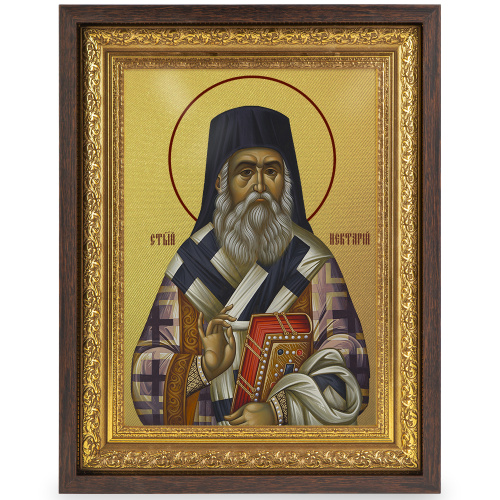 Икона святителя Нектария Эгинского, Пентапольского, в широком багете, цвет "темный дуб", на холсте, с золочением фото 2