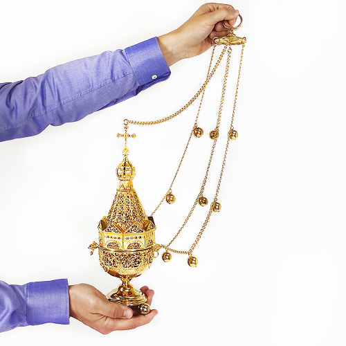 Кадило из ювелирного сплава ажурное в позолоте, высота 30 см фото 7