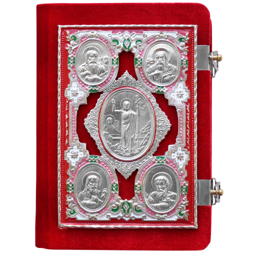 Евангелие требное среднее красное, оклад "под серебро", бархат, эмаль, 17х22 см фото 11