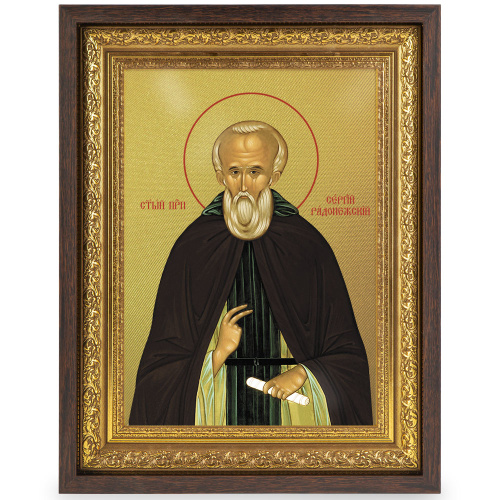 Икона преподобного Сергия Радонежского в широком багете, цвет "темный дуб", на холсте, с золочением фото 2