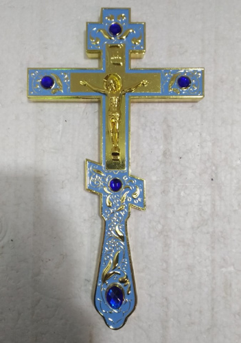 Крест напрестольный, голубая эмаль, синие камни, 14,5х26 см, У-1315 фото 2