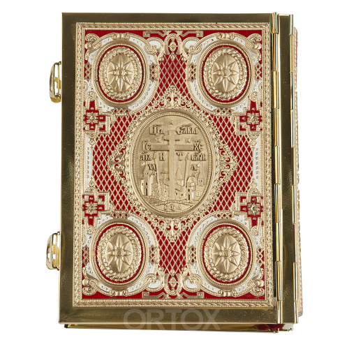 Евангелие требное среднее красное, полный оклад "под золото", 17х22 см фото 2