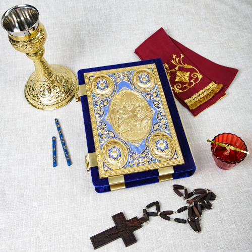 Евангелие напрестольное синее, оклад "под золото", бархат, эмаль, 24х31 см фото 5