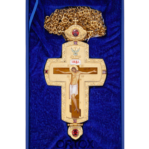 Крест наперсный латунный с цепью в позолоте, деколь, фианиты, 8х15,5 см фото 6