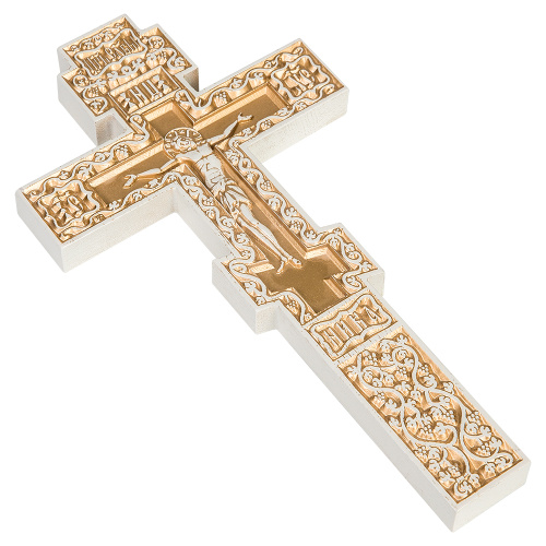 Крест требный деревянный, цвет "белый с золотом", резной фото 2
