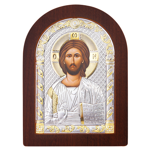 Икона греческая Спасителя "Господь Вседержитель", арочной формы на темной деревянной основе, металли Икона греческая Спасителя "Господь Вседержитель", арочной формы на темной деревянной основе, металли