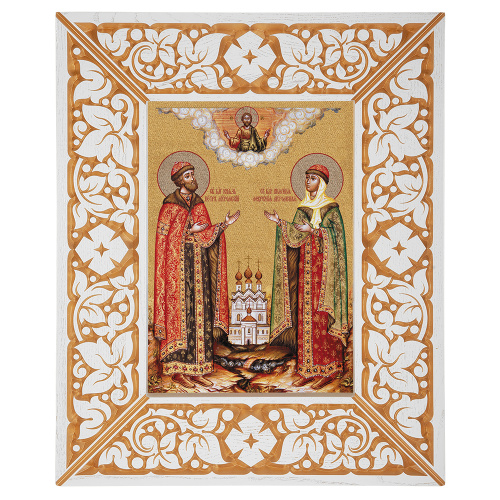 Икона благоверных князей Петра и Февронии Муромских, в широкой резной раме, белая с золотом (патина), холст с золочением, ширина рамы 12 см фото 2