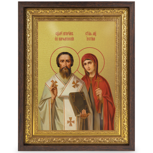 Икона священномученика Киприана и мученицы Иустины Антиохийских, в широком багете, цвет "темный дуб", на холсте, с золочением №2 фото 2