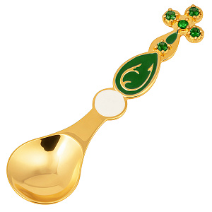 Лжица малая из ювелирного сплава в позолоте, с фианитами и эмалью, длина 6,5 см (зеленые фианиты, зеленая эмаль)