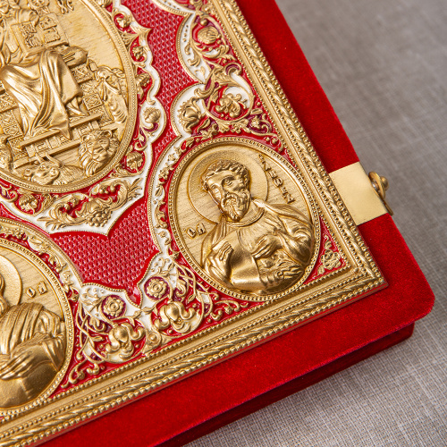Апостол красный, оклад "под золото", бархат, эмаль, 23х30 см фото 9