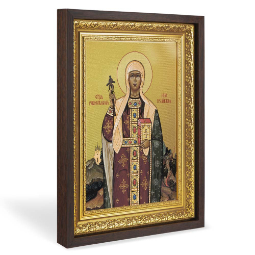 Икона равноапостольной Нины, в широком багете, цвет "темный дуб", на холсте, с золочением
