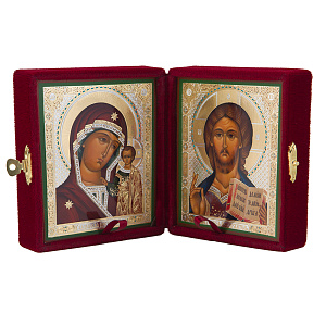 Складень венчальный с ликами Спасителя и Божией Матери "Казанская", 10х12 см, бархат (бордовый)