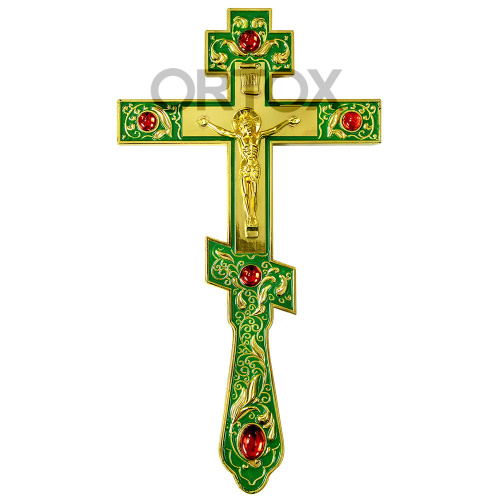 Крест напрестольный латунный, 14х26 см, зеленая эмаль, красные камни фото 3
