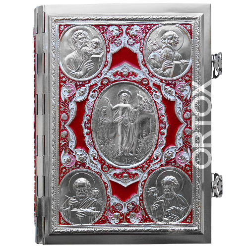 Евангелие напрестольное красное, полный оклад "под серебро", эмаль, 24х31 см фото 7