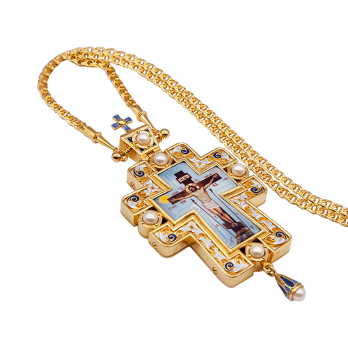 Крест наперсный из ювелирного сплава в позолоте с цепью, эмаль, 6,9х15 см фото 3 Крест наперсный из ювелирного сплава в позолоте с цепью, эмаль, 6,9х15 см фото 3