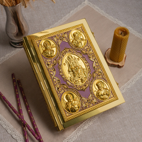 Апостол фиолетовый №1, полный оклад "под золото", эмаль, 23х30 см фото 3