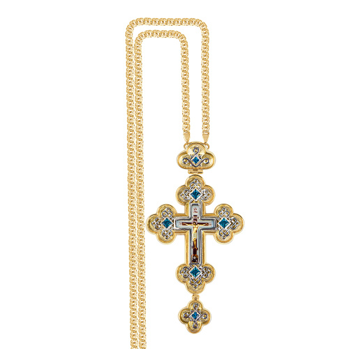 Крест наперсный из ювелирного сплава в позолоте и серебрении с цепью, фианиты, 7,5х14,5 см фото 4