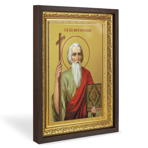 Икона апостола Андрея Первозванного, в широком багете, цвет "темный дуб", на холсте, с золочением