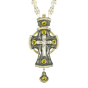 Крест наперсный серебряный, с цепью, желтые фианиты, высота 16 см (чернение)