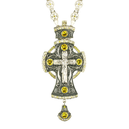 Крест наперсный серебряный, с цепью, желтые фианиты, высота 16 см