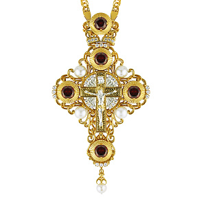 Крест наперсный серебряный, с цепью, позолота, красные фианиты, высота 14,5 см (вес 182 г)