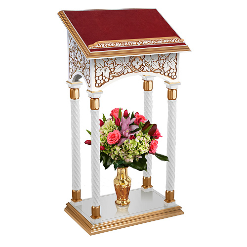 Аналой центральный "Суздальский" белый с золотом (патина), колонны, красная ткань, высота 127 см Аналой центральный "Суздальский" белый с золотом (патина), колонны, красная ткань, высота 127 см