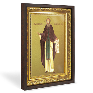 Икона преподобного Сергия Радонежского, в широком багете, цвет "темный дуб", на холсте, с золочением, №2 (33,5х42,2 см (под икону А4))