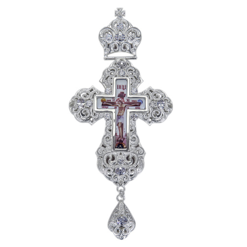 Крест наперсный из ювелирного сплава в серебрении с цепью, фианиты, 8х17,7 см фото 2 Крест наперсный из ювелирного сплава в серебрении с цепью, фианиты, 8х17,7 см фото 2