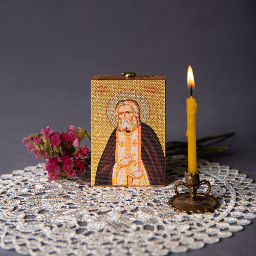 Икона преподобного Серафима Саровского на деревянной основе светлая, на холсте с золочением фото 2