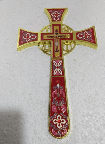 Крест требный четырехконечный, цинковый сплав, красная эмаль, камни, 17х29 см, У-0932 фото 5