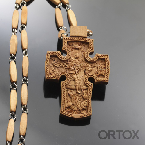 Крест наперсный "Наградной" деревянный светлый резной, с цепью, высота 10 см фото 4